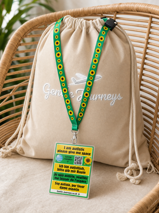 Family using the eco recycled-cotton sensory travel bag and Sunflower lanyard on holiday