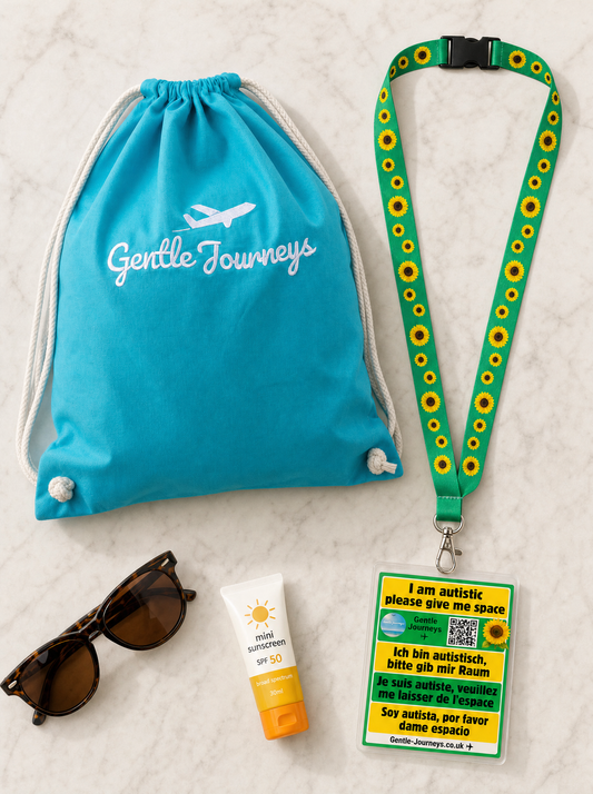 Blue soft cotton sensory bag with the Sunflower lanyard attachment and free official Sunflower lanyard