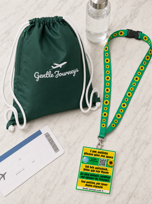 Green wipe-clean water-resistant sensory bag with the Sunflower lanyard attachment and free official Sunflower lanyard