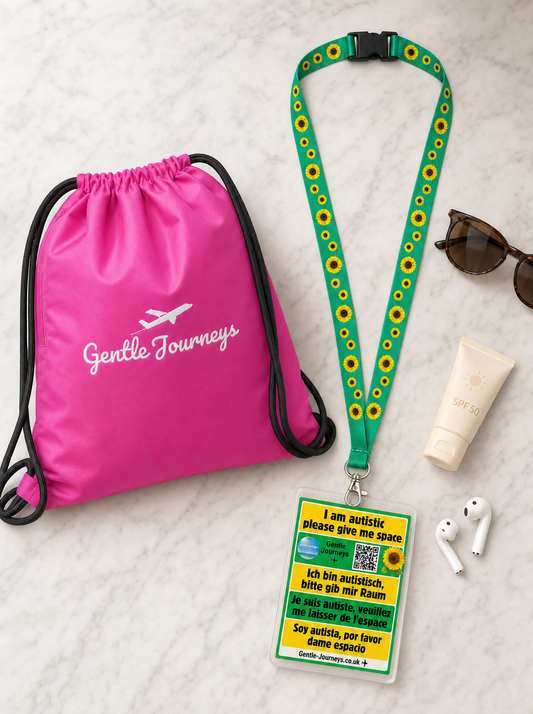 Pink wipe-clean water-resistant sensory bag with Sunflower lanyard travel bundle