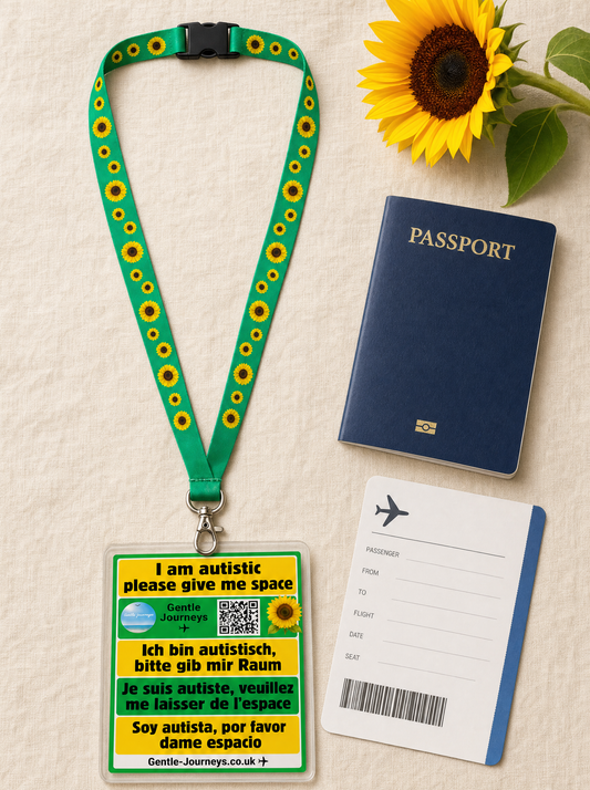 Sunflower autism lanyard flat lay with the multilingual I am autistic support card