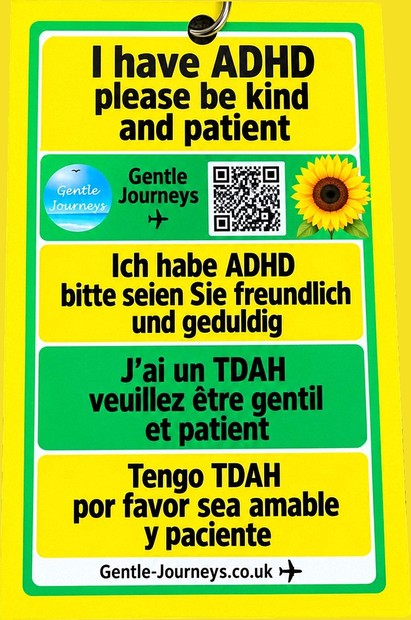 Our 4-language Sunflower lanyard card: I have ADHD, please be kind and patient, in English, German, French and Spanish