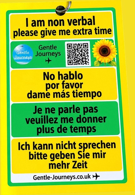 Our 4-language Sunflower lanyard card: I am non verbal, please give me extra time, in English, German, French and Spanish
