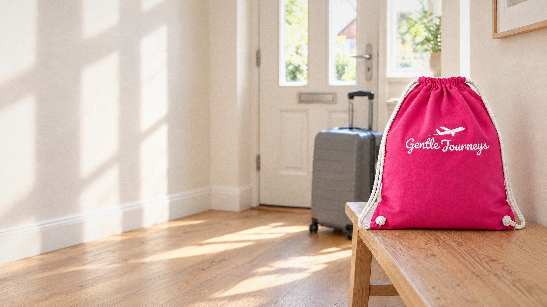 Pink Gentle Journeys bag packed on a hallway bench by the front door, ready to travel