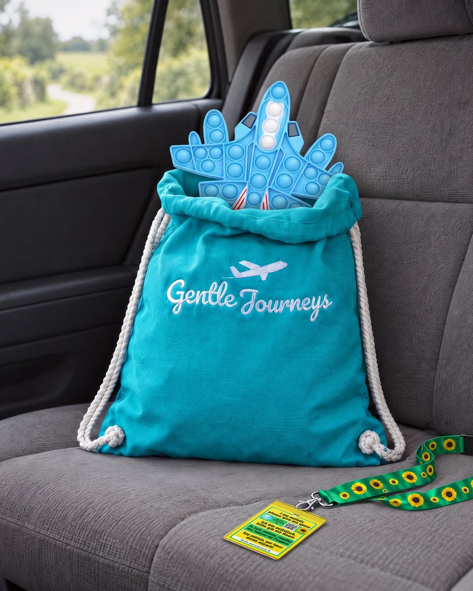 Turquoise Gentle Journeys bag on a car back seat, glider and pop-it peeking out, Sunflower lanyard beside it
