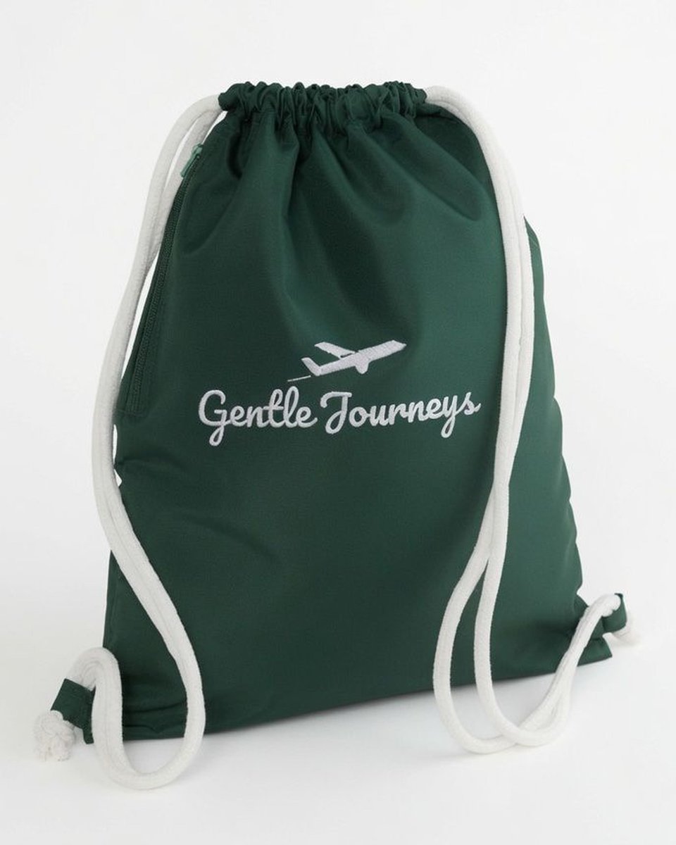 Green Water-Resistant Gentle Journeys bag with its white braided nylon cords, front view