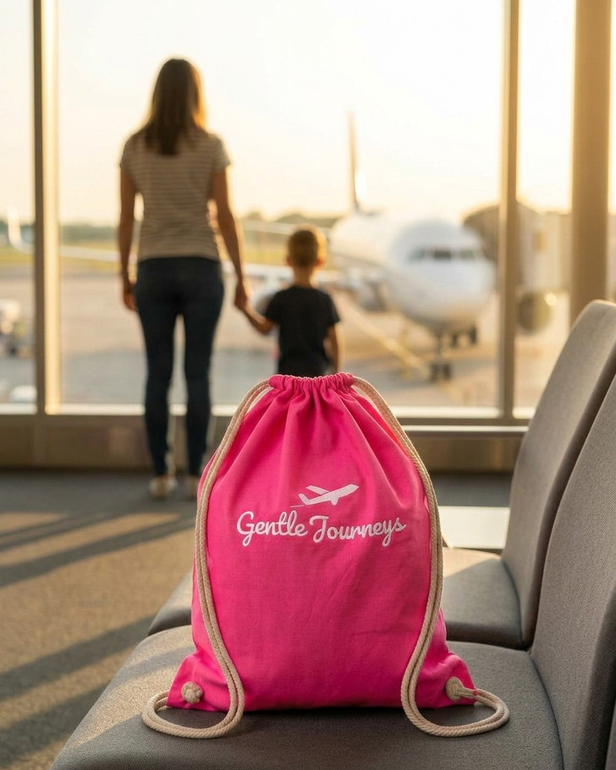 Pink Soft Cotton sensory travel bag on a seat at an airport gate
