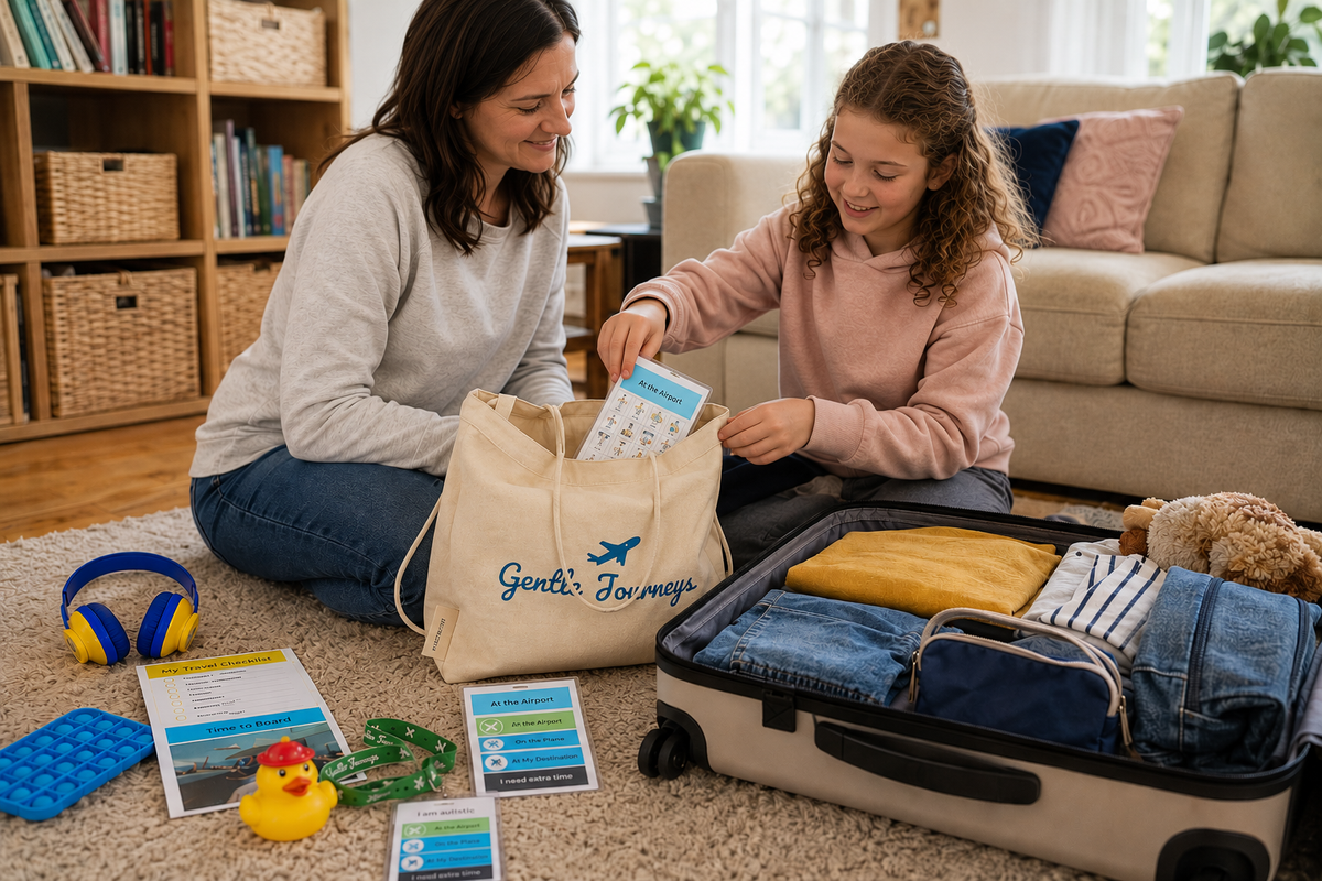 A mum and her daughter packing a Gentle Journeys bag at home before a trip