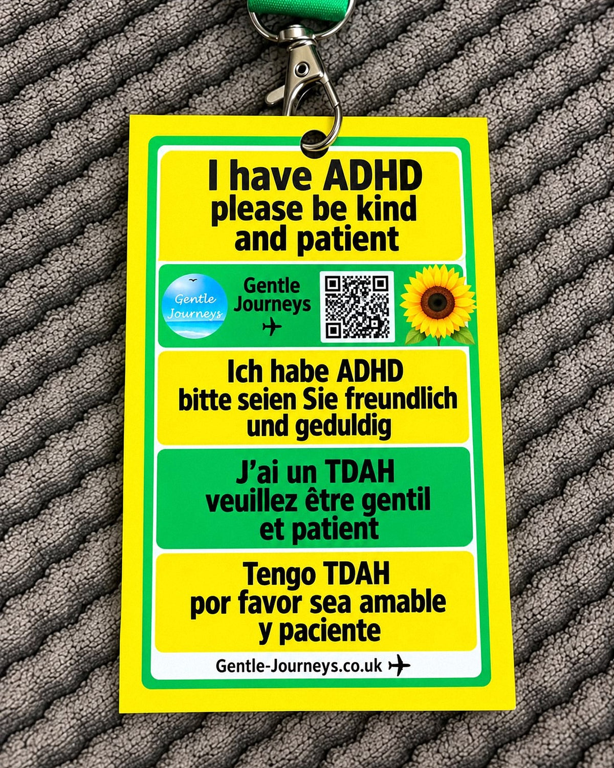 Sunflower lanyard ADHD card: I have ADHD, please be kind and patient, in English, German, French and Spanish, on an official Sunflower lanyard