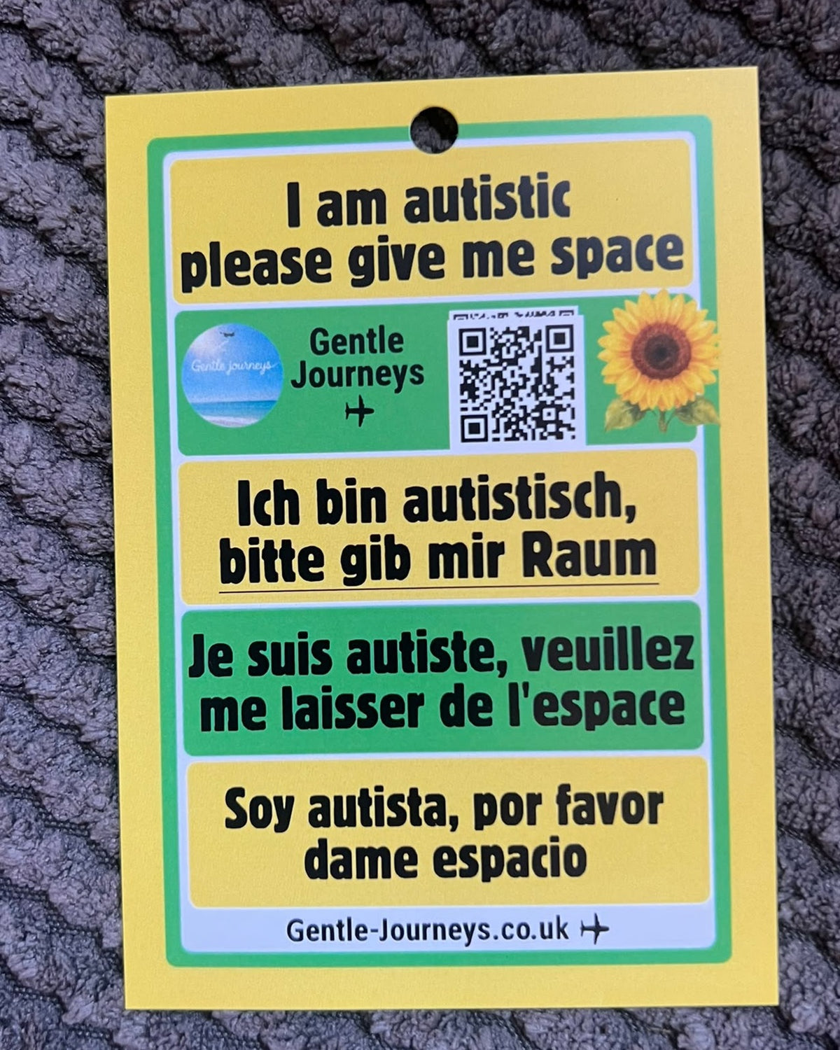 Sunflower lanyard card: I am autistic, please give me space, in English, German, French and Spanish