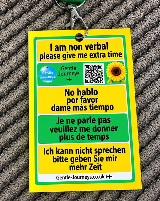 Sunflower lanyard card: I am non verbal, please give me extra time, in English, German, French and Spanish, on an official Sunflower lanyard