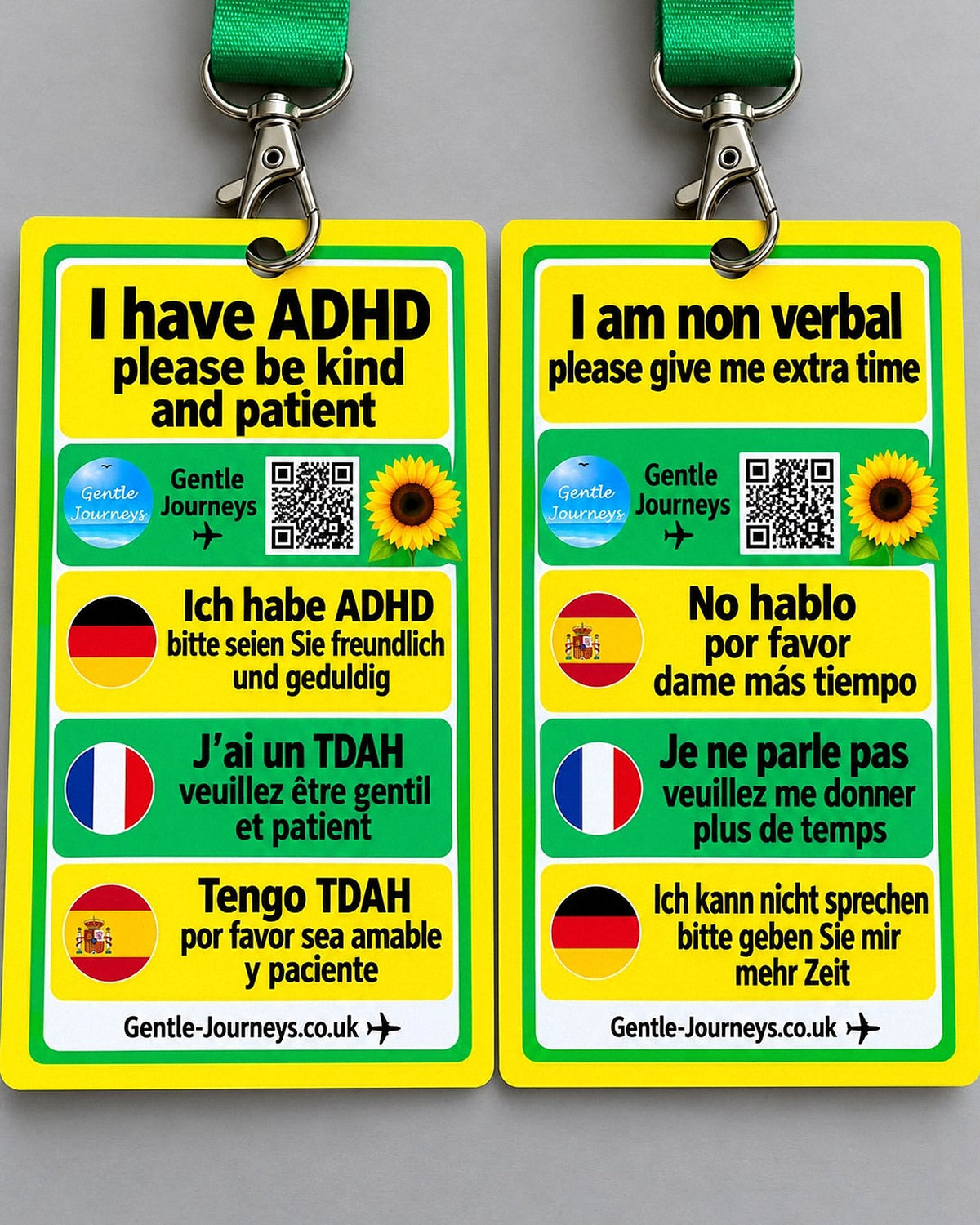 The non-verbal and ADHD Sunflower lanyard cards side by side, each with its text in four languages