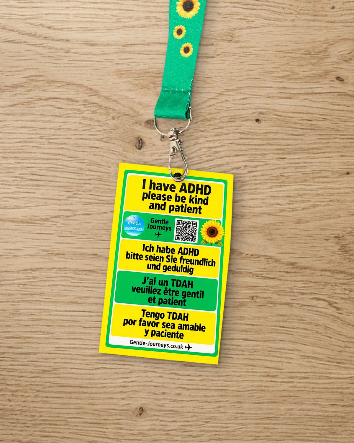 Sunflower lanyard card: I have ADHD, please be kind and patient, in English, German, French and Spanish