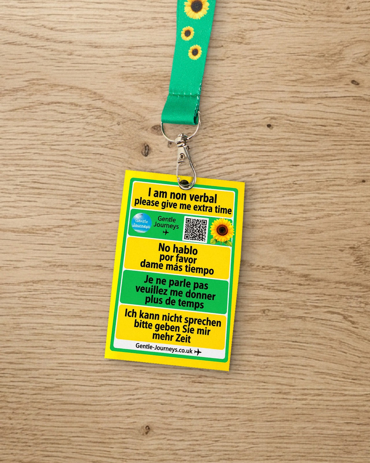 Sunflower lanyard card: I am non verbal, please give me extra time, in English, German, French and Spanish
