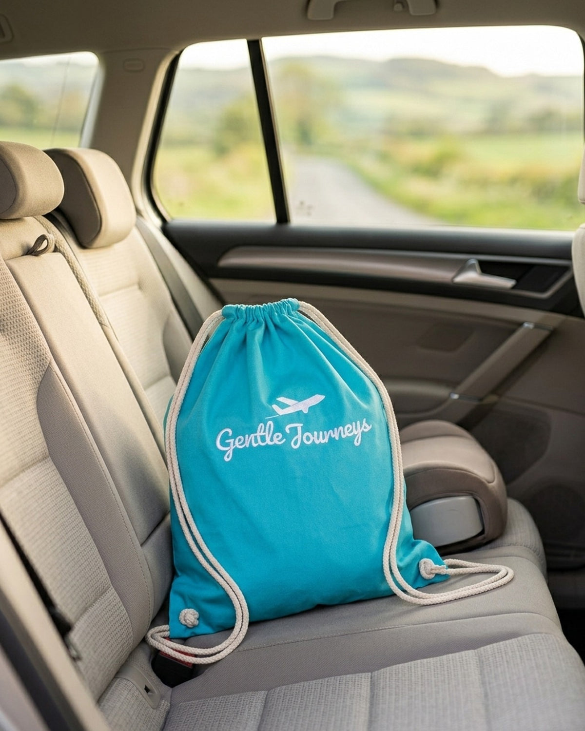 Blue Soft Cotton sensory travel bag on the back seat of a car