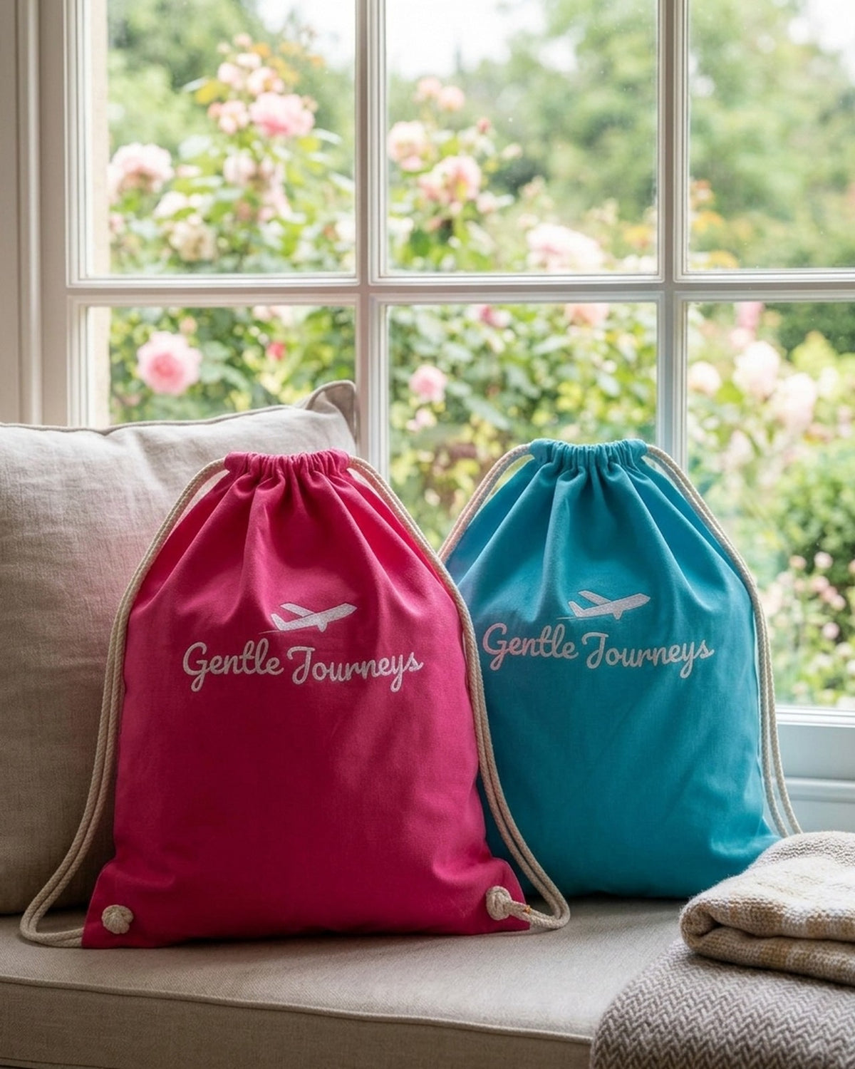 The pink and blue Soft Cotton sensory travel bags side by side on a window seat