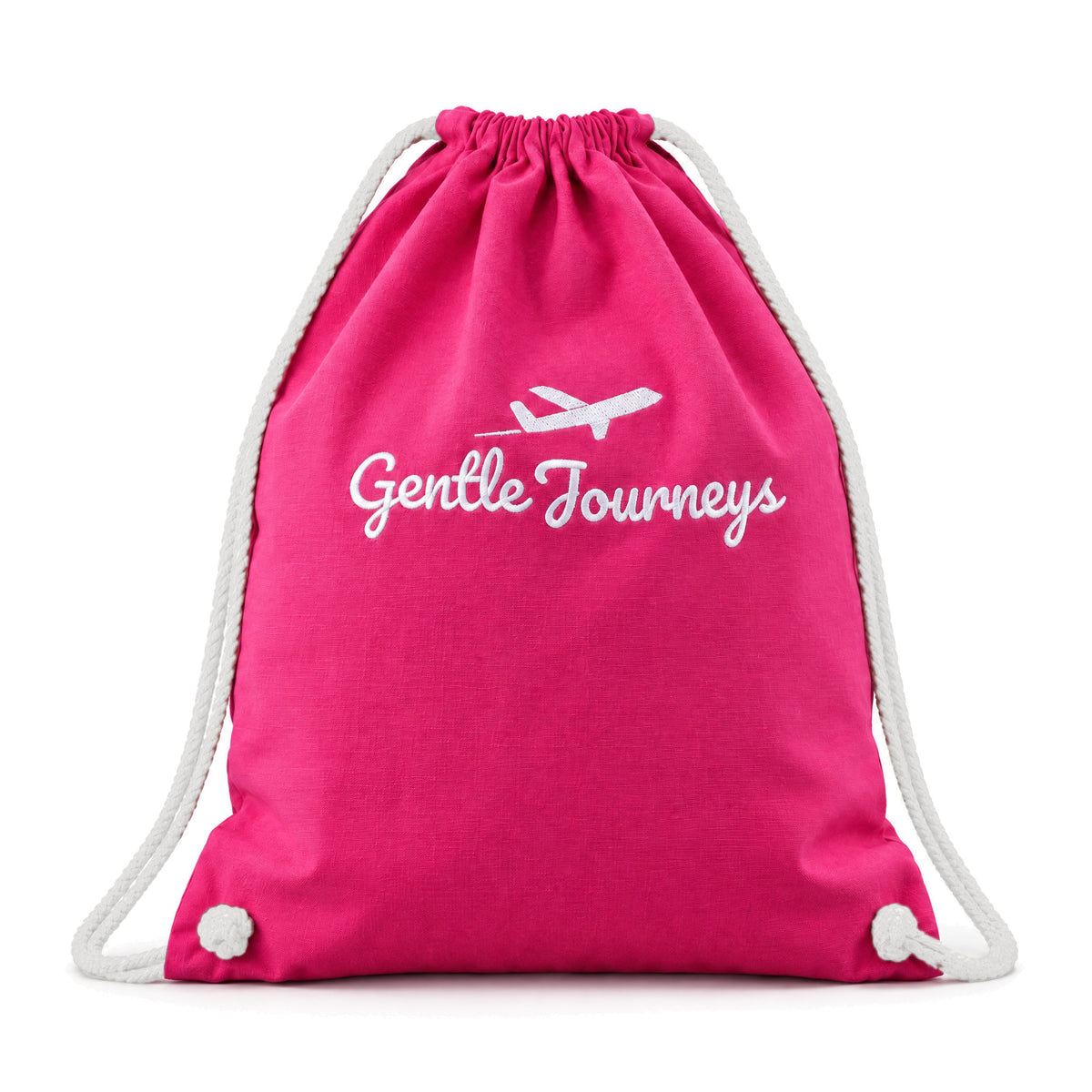 Pink Soft Cotton Gentle Journeys drawstring bag with white cotton cords, front view on white