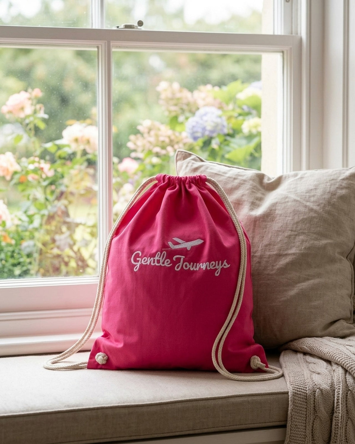 Pink Soft Cotton sensory travel bag on a window seat at home