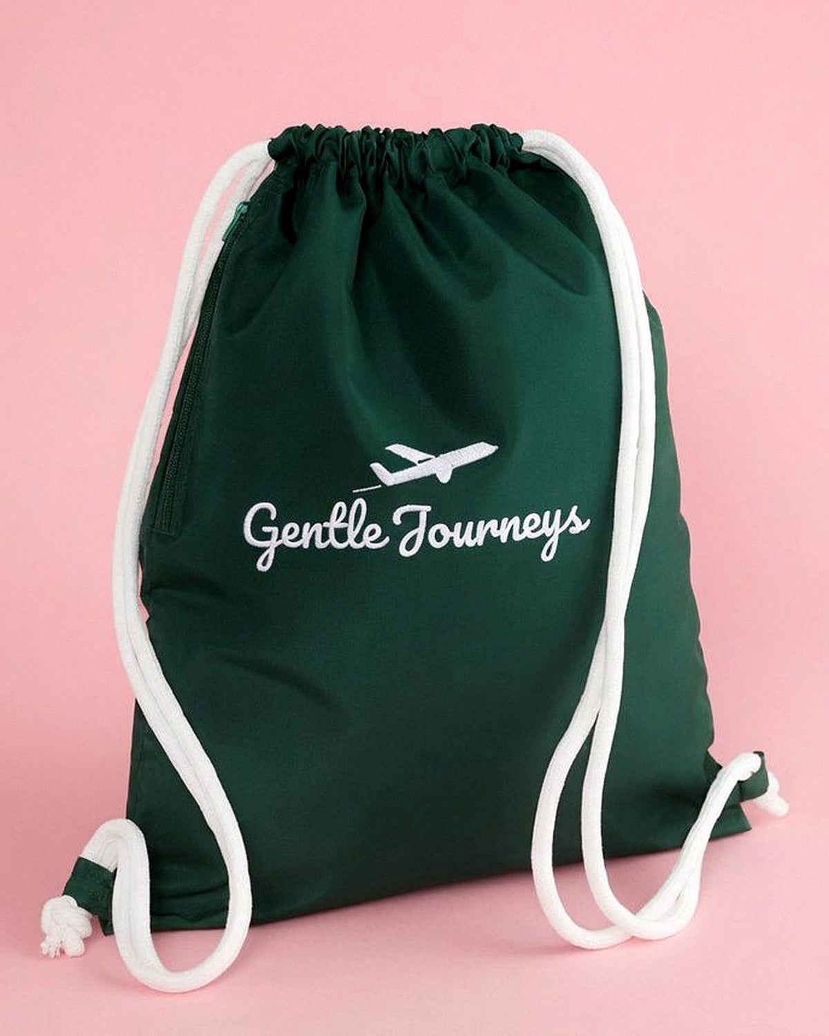 Green Water-Resistant sensory travel bag, front view with the embroidered Gentle Journeys logo