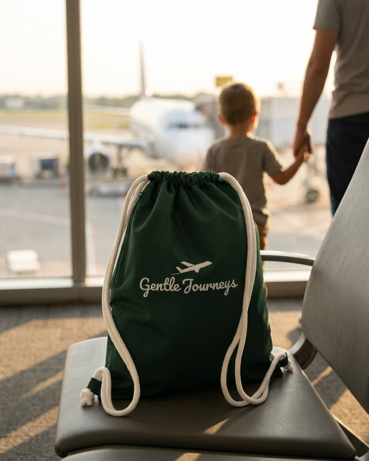 Green Water-Resistant sensory travel bag on a seat at an airport gate