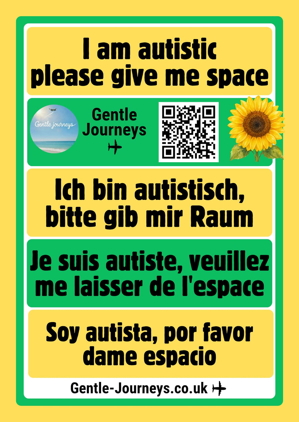 Sunflower Autism Lanyard – Visible Support, Instant Understanding | 4 Languages | Free Fidget Spinner