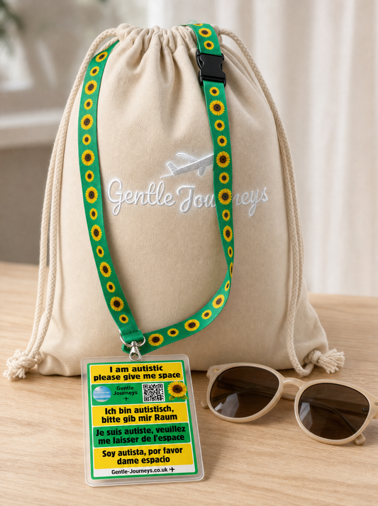 Angled view of the recycled cotton eco sensory bag with the Sunflower lanyard attachment and free official Sunflower lanyard