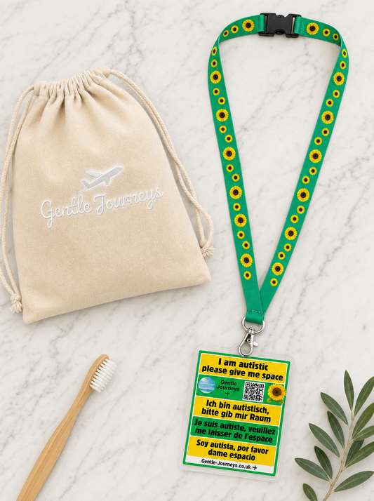 Eco sensory bundle flat lay: recycled cotton bag, Sunflower lanyard attachment, free official Sunflower lanyard and calming toys