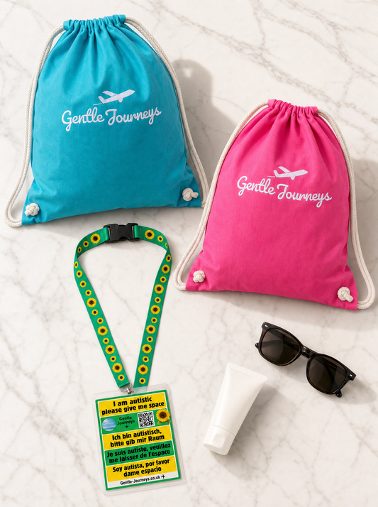 Soft cotton sensory bag and Sunflower lanyard attachment bundle in blue and pink, with the free official Sunflower lanyard