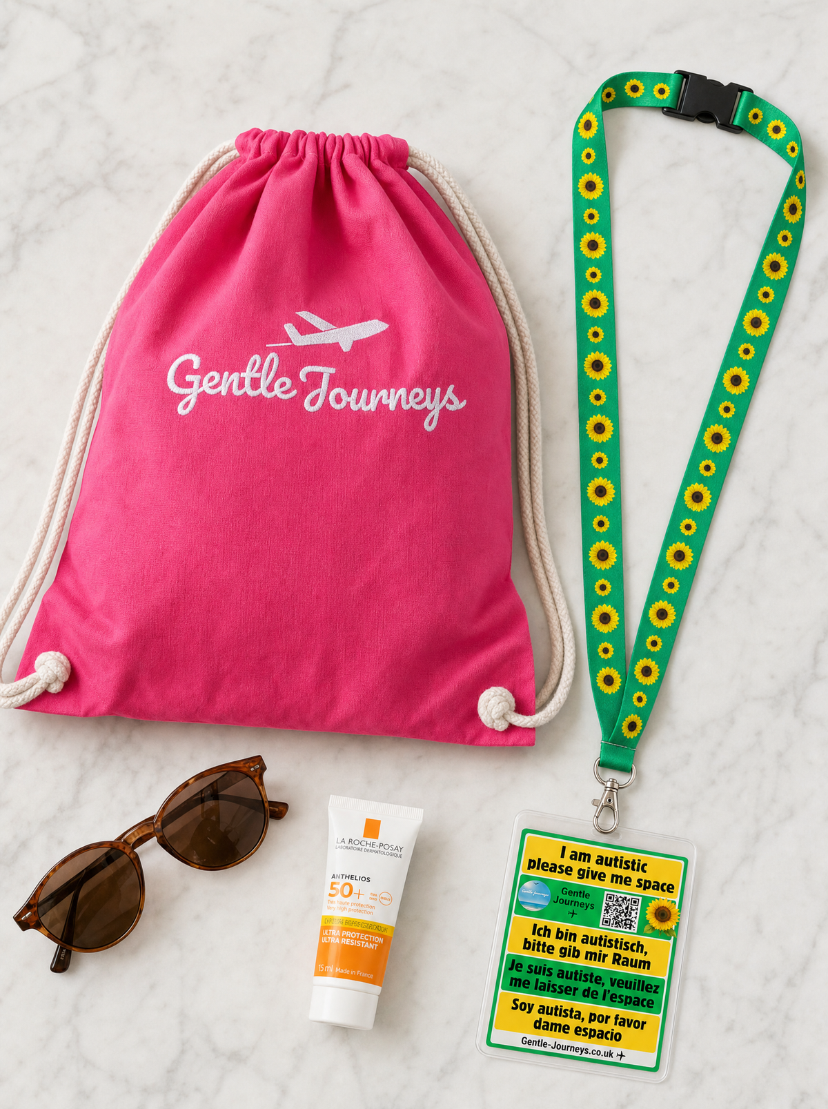 Pink soft cotton sensory bag with the Sunflower lanyard attachment and free official Sunflower lanyard
