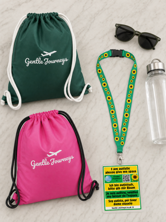 Water-resistant sensory bag and Sunflower lanyard attachment bundle in green and pink, with the free official Sunflower lanyard