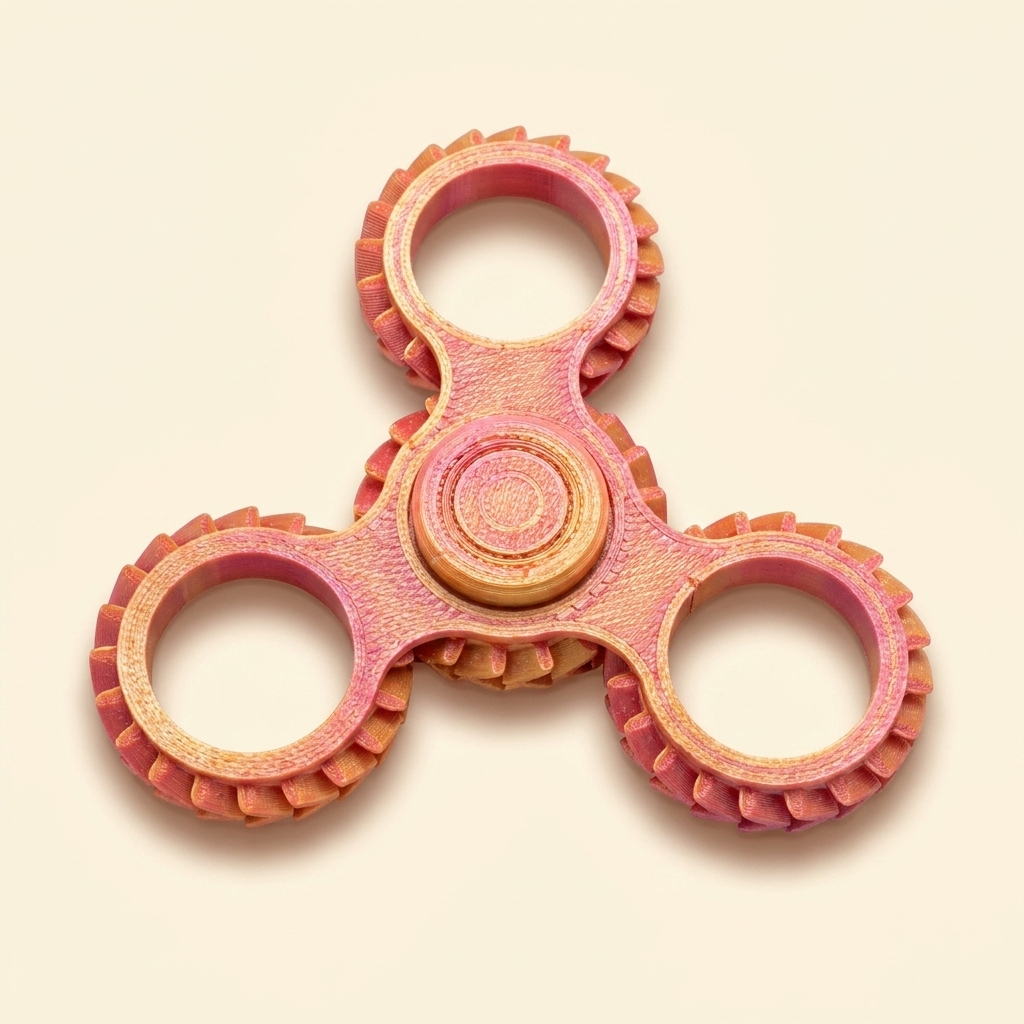 Gentle Journeys 3D printed fidget spinner in pearlescent orange and pink PLA, studio product photograph