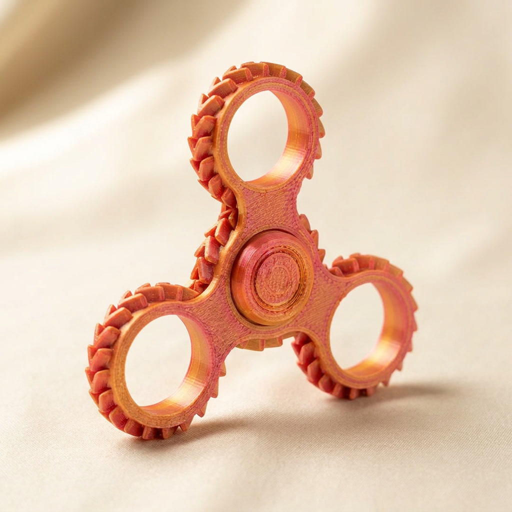 Gentle Journeys 3D printed fidget spinner, angled studio product photograph