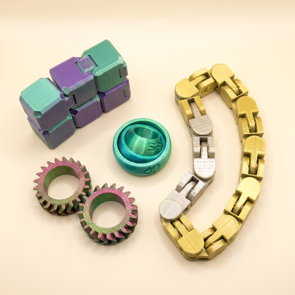 Gentle Journeys 3D printed fidget toys - infinity cube, ring spinner, gear fidgets and linked chain, studio flat lay