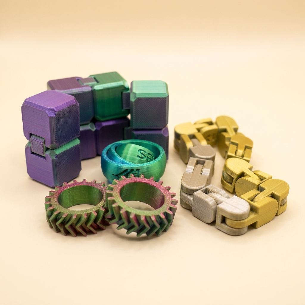Gentle Journeys 3D printed fidget toys grouped, angled studio product photograph