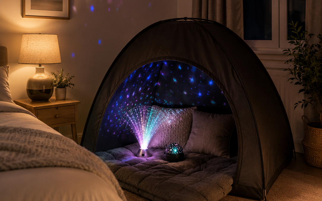 Child's sensory tent glowing at night in a calm bedroom