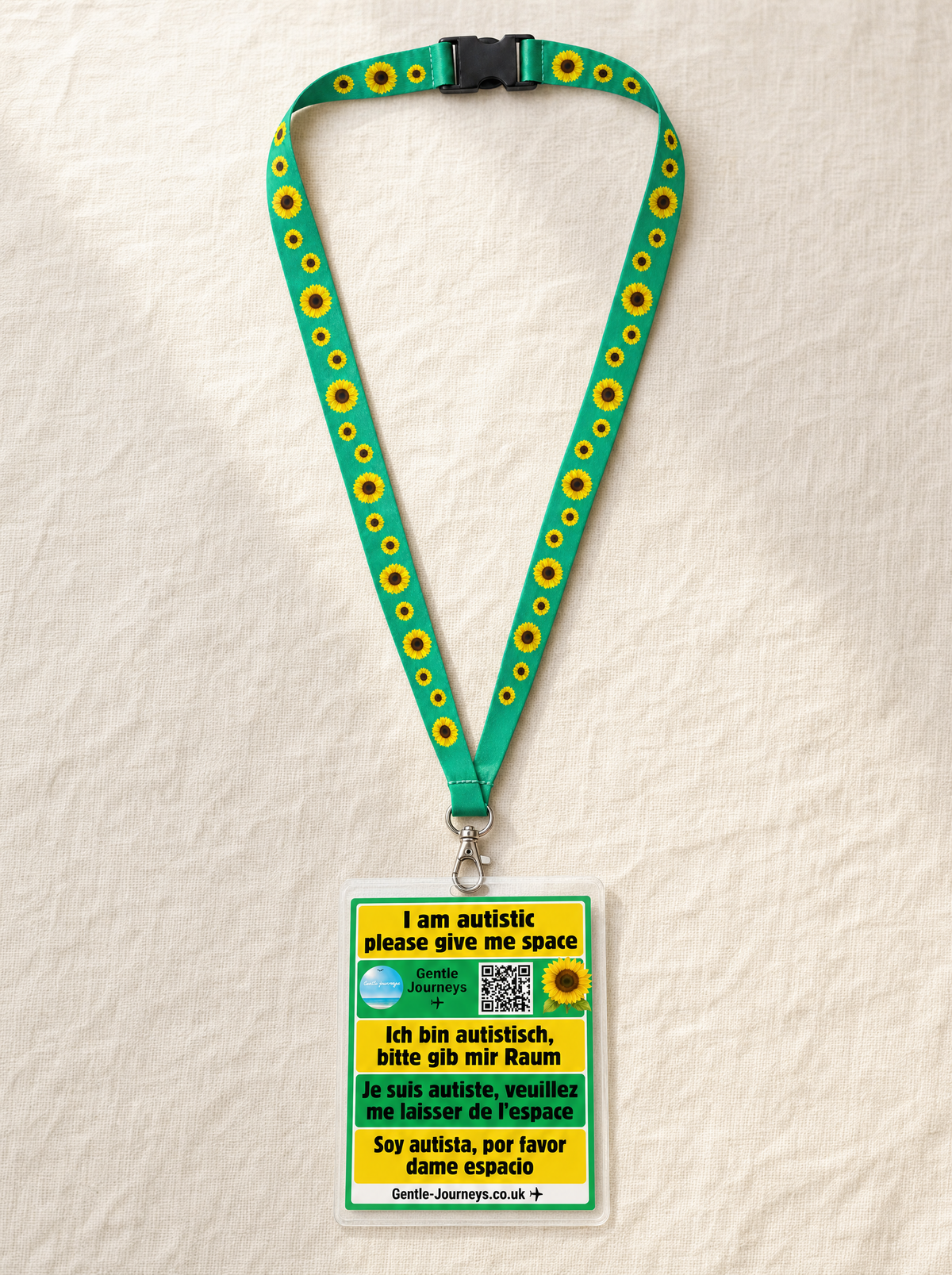 Child wearing the Sunflower autism lanyard for visible hidden-disability support while travelling