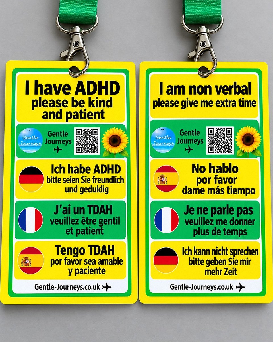 The non-verbal and ADHD Sunflower lanyard cards side by side, each with its text in four languages